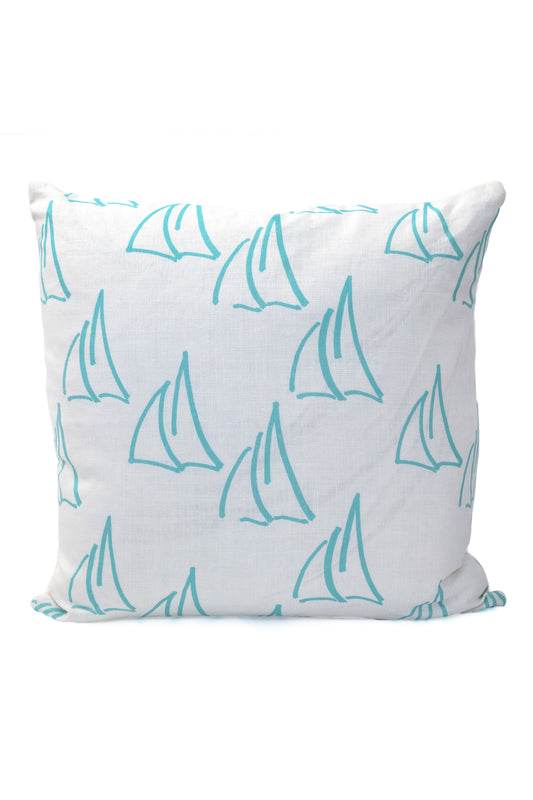 Under Sail Pillow in Ocean on Oyster Linen - Design No. Five